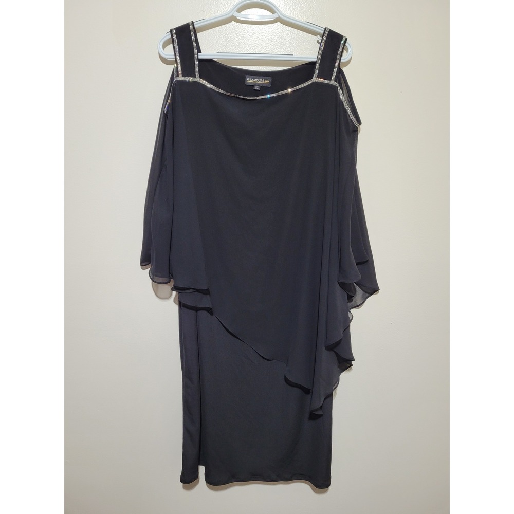 Glamour‎ Nights Dress Womens 16W Black Rhinestone Cold Shoulder Capelet